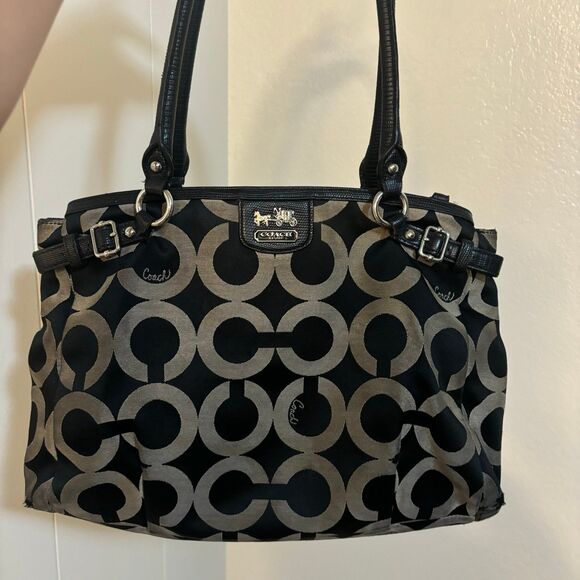 Coach Signature Canvas Black Gray Shoulder Tote Handbag M1220-22344 - Picture 1 of 10